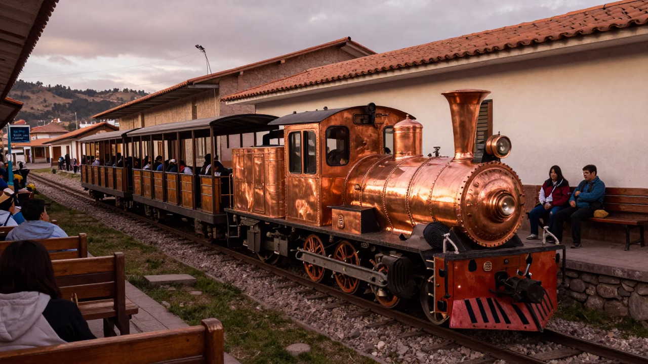 Cusco Peru Street Scene with Narrow Gauge Train and Copper Toned Light Before Dusk in in Cusco, Peru