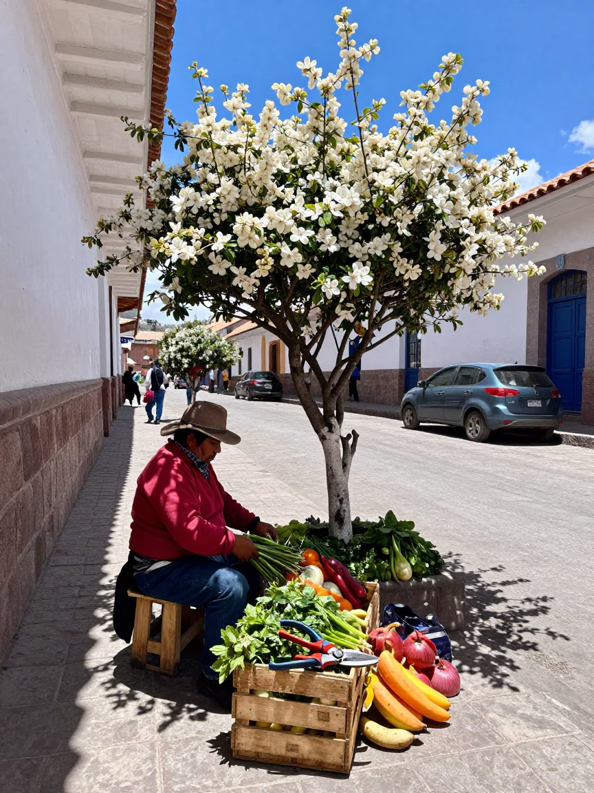 Cusco Peru Street Scene with Pruning Shears and Dogwood Tree in Bright Midmorning Light in in Cusco, Peru