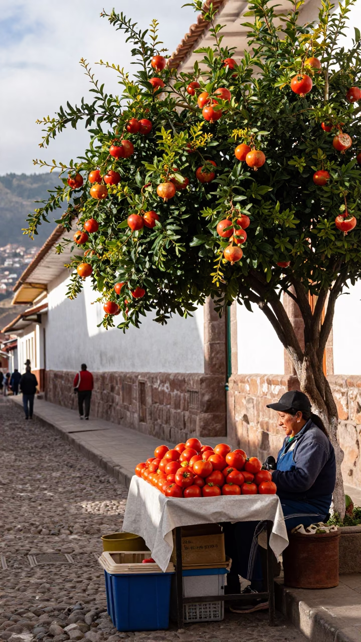 Cusco Peru Street Scene with Tomatoes and Pomegranate Tree in Early Afternoon in in Cusco, Peru