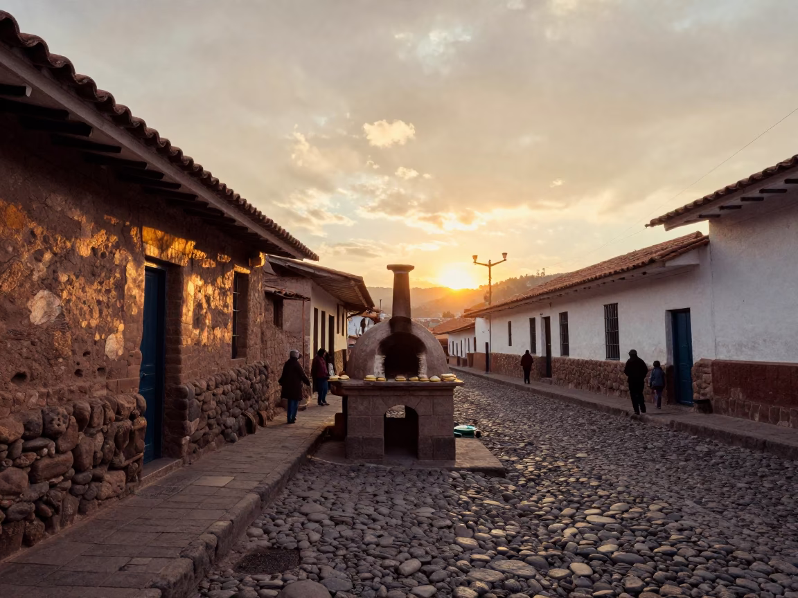 Cusco Peru Street Scene with Traditional Bread Oven and Arepas at Sunset in in Cusco, Peru