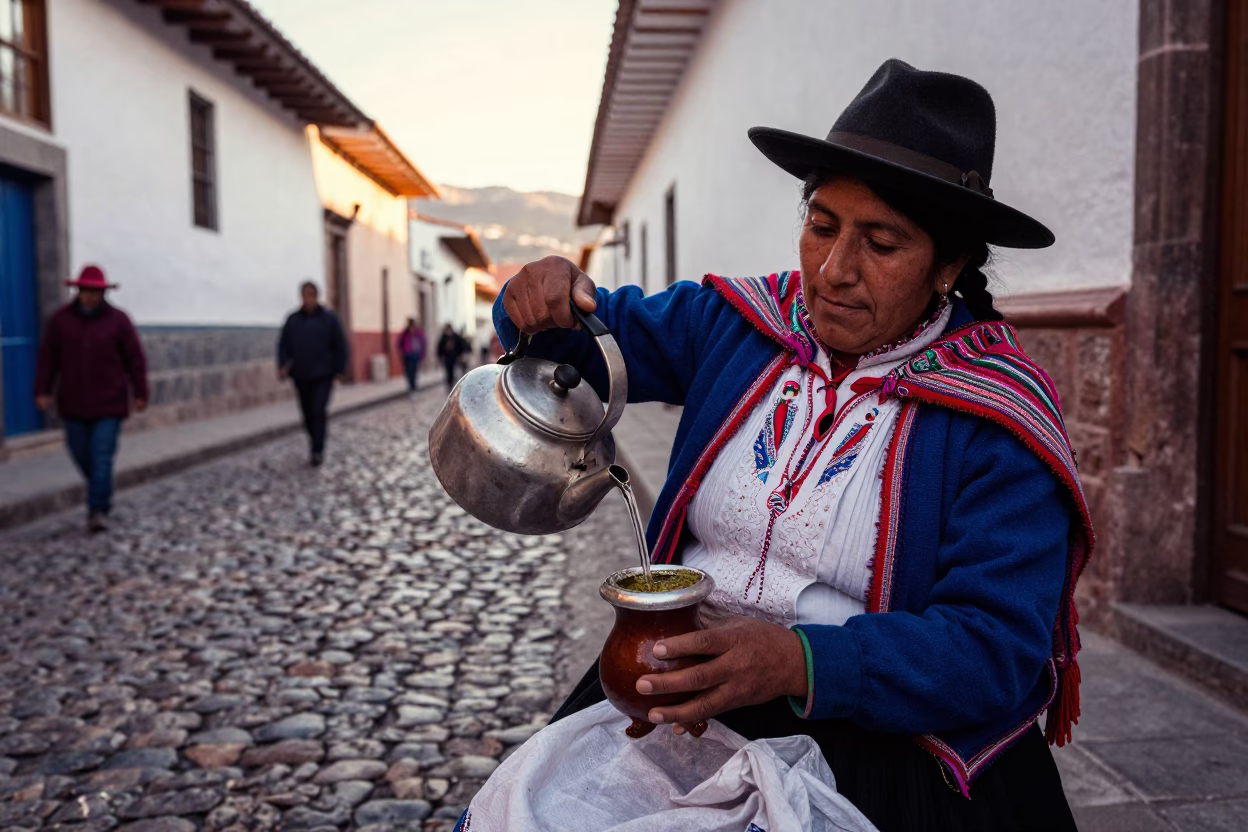 Cusco Peru street vendor selling mate tea and traditional Andean textiles at nautical dawn in in Cusco, Peru
