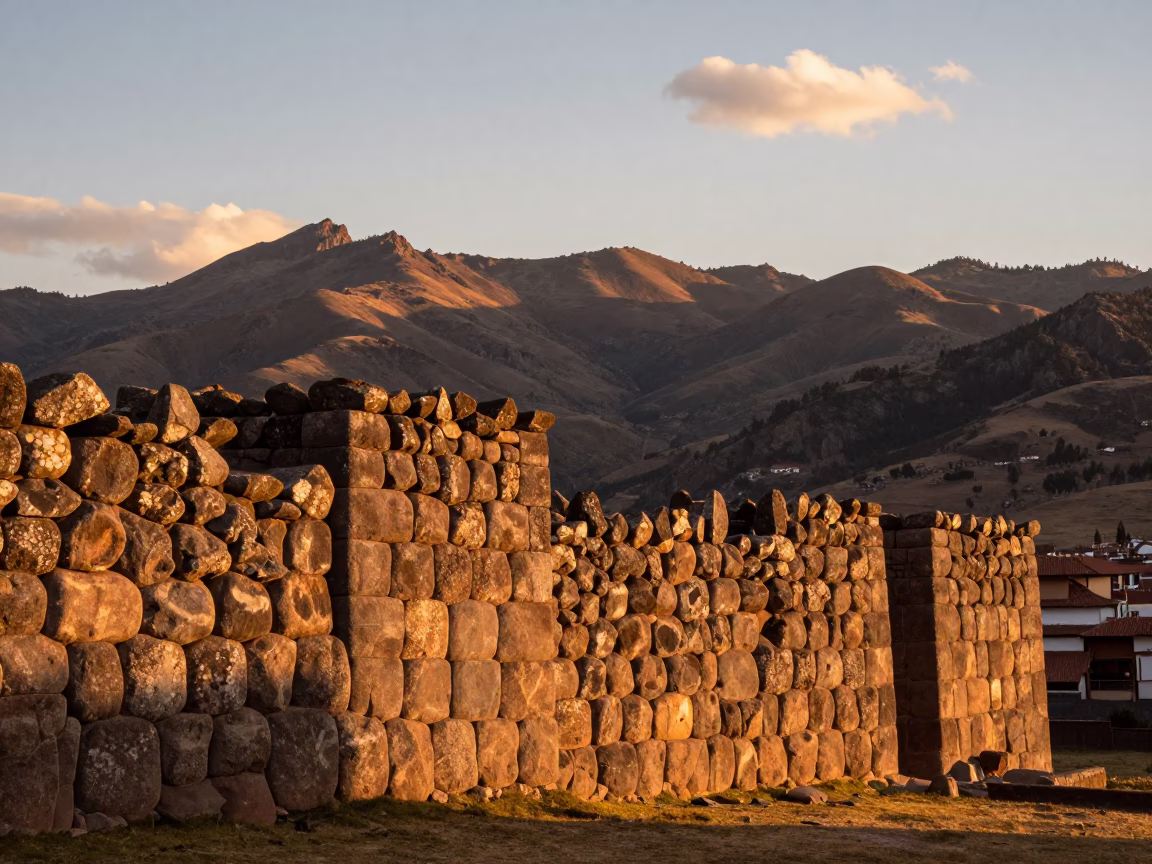 Cusco Peru Sunset Landscape View Over Historic Stone Walls and Rooftops in in Cusco, Peru