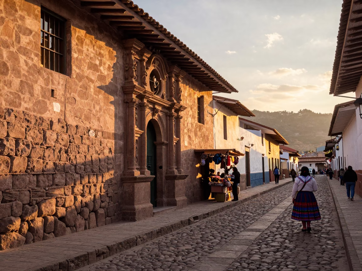 Cusco Peru Sunset Street Scene with Andean Architecture and Local Market Activity in in Cusco, Peru