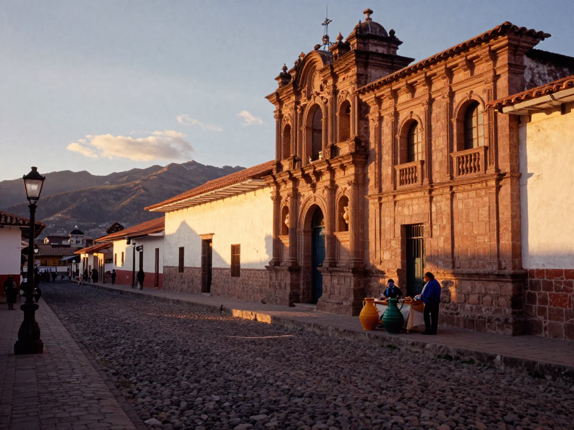 Cusco Peru Sunset Street Scene with Ceramic Pitcher and Local Market Activity in in Cusco, Peru