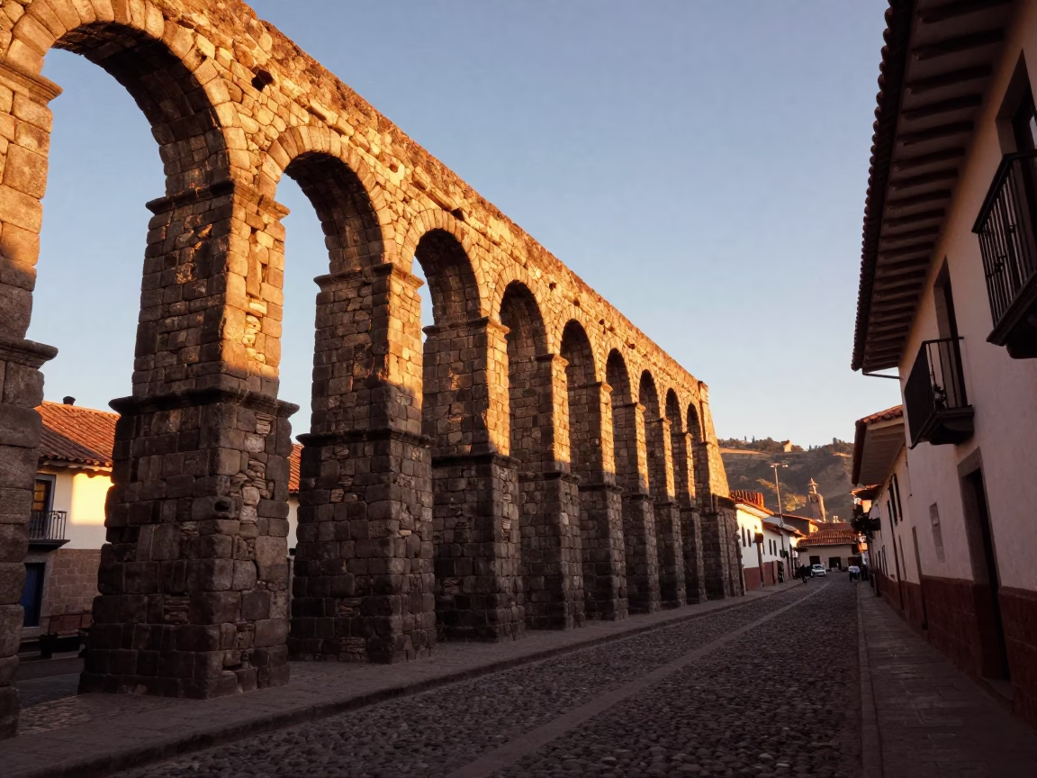 Cusco Peru Sunset Street Scene with Crumbling Stone Aqueduct and Terracotta Pot in in Cusco, Peru