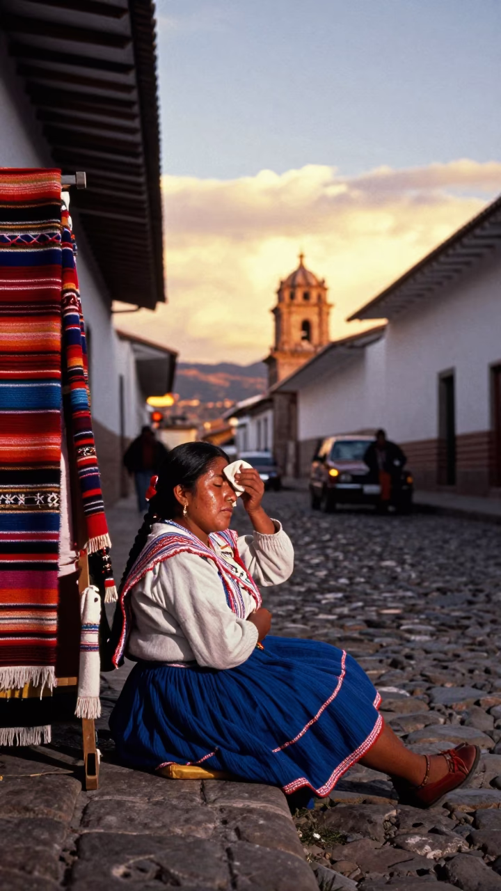 Cusco Peru Sunset Street Scene with Dancer Resting and Local Market Activity in in Cusco, Peru