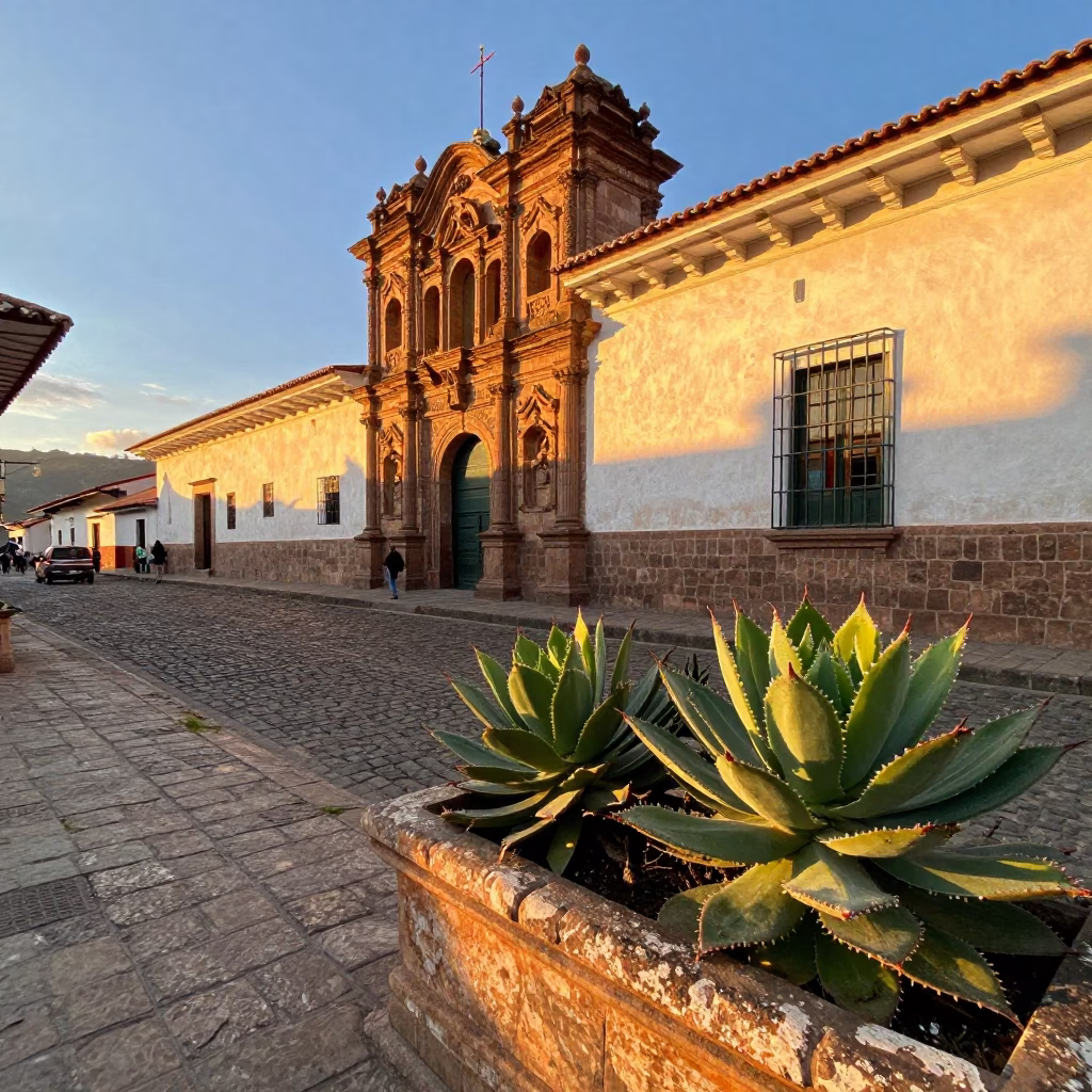 Cusco Peru Sunset Street Scene with Echeveria and Traditional Architecture in in Cusco, Peru