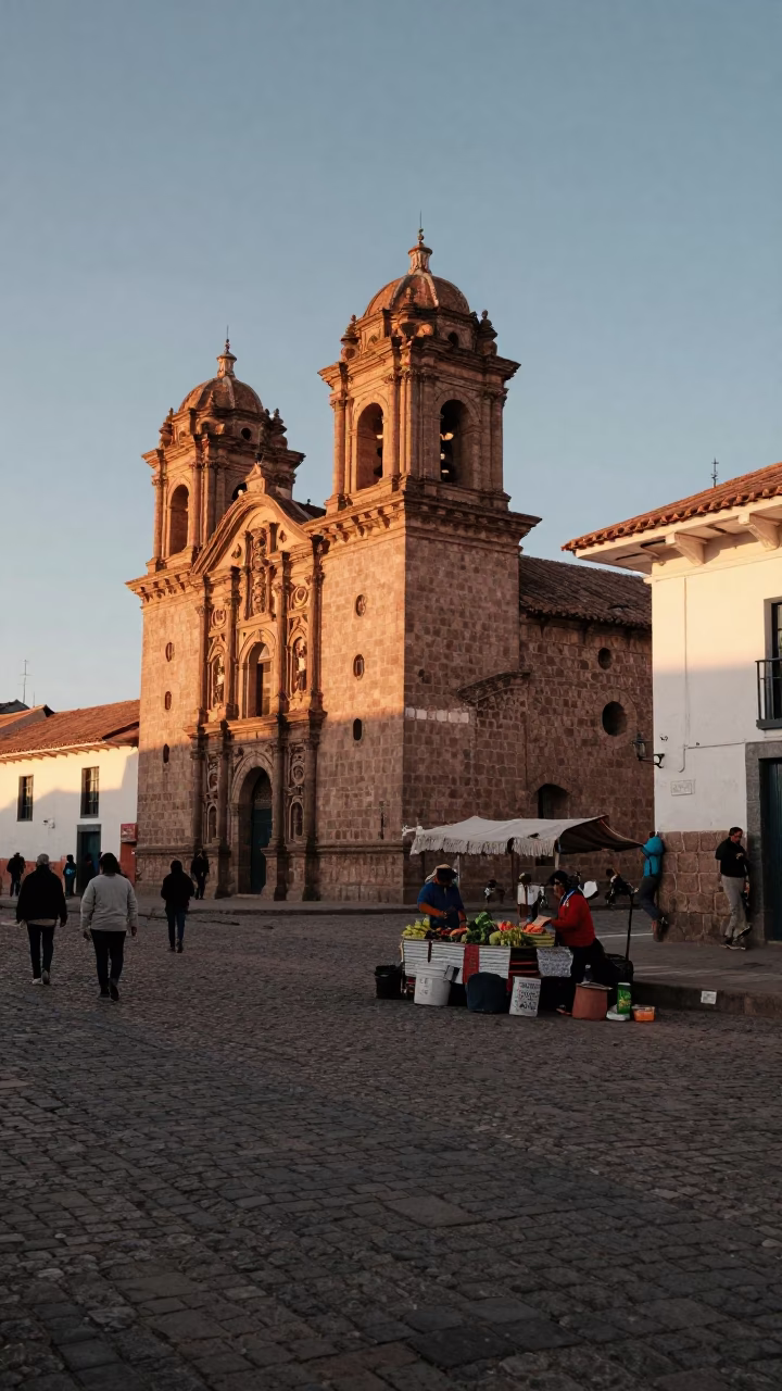 Cusco Peru Sunset Street Scene with Local Vendor and Traditional Architecture in in Cusco, Peru