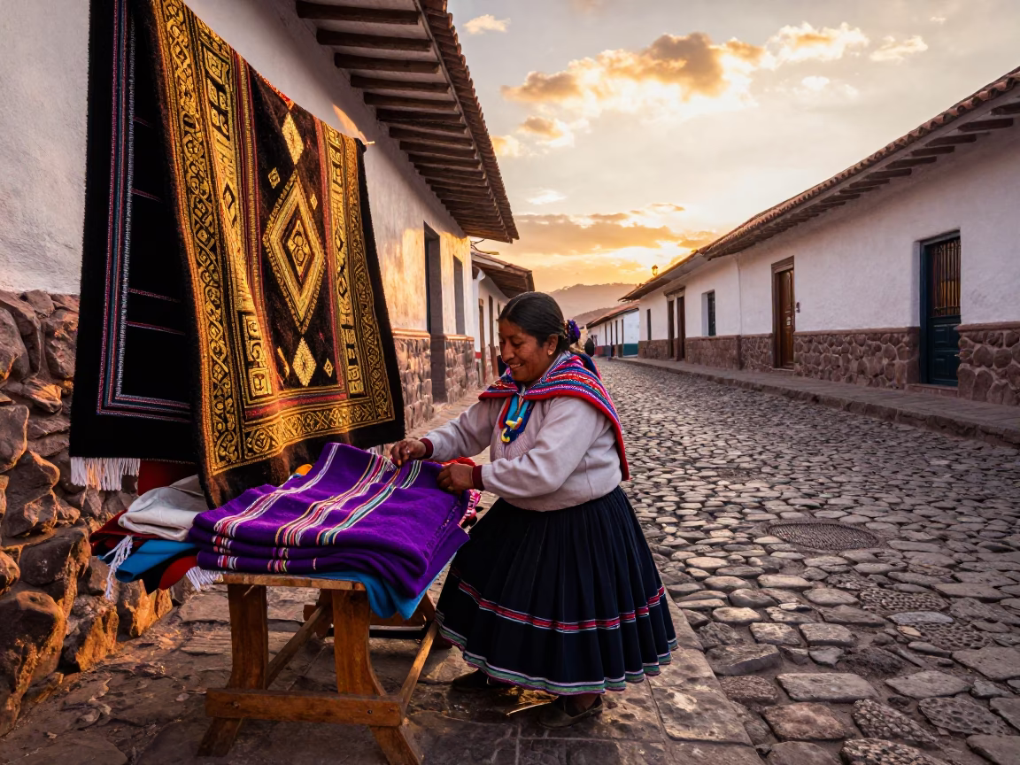 Cusco Peru Sunset Street Scene with Local Vendor and Traditional Textile Details in in Cusco, Peru