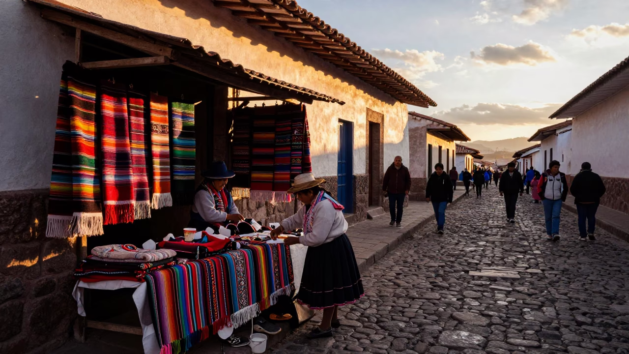 Cusco Peru Sunset Street Scene with Local Vendor and Traditional Textiles in in Cusco, Peru