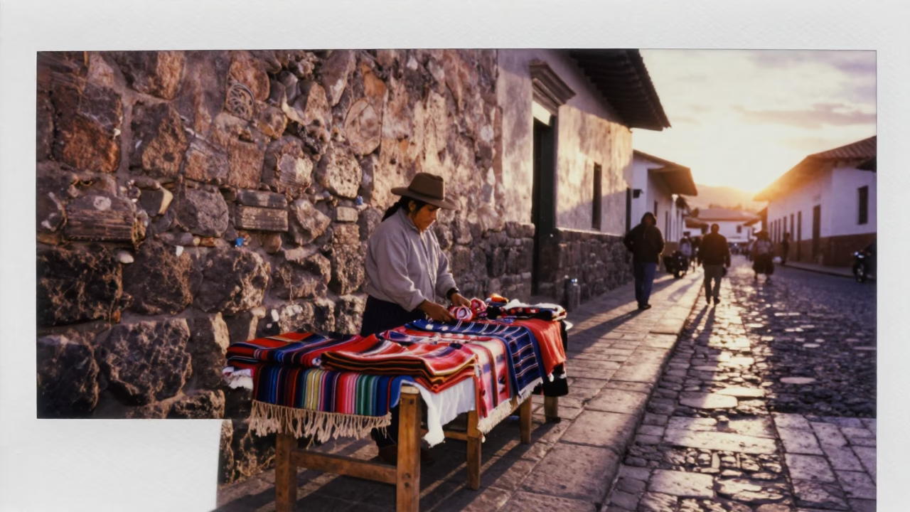 Cusco Peru Sunset Street Scene with Local Vendor and Woven Textiles in in Cusco, Peru