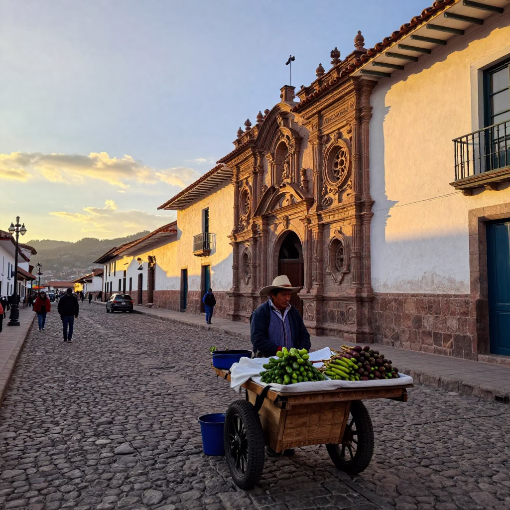 Cusco Peru Sunset Street Scene with Local Vendors and Traditional Architecture in in Cusco, Peru