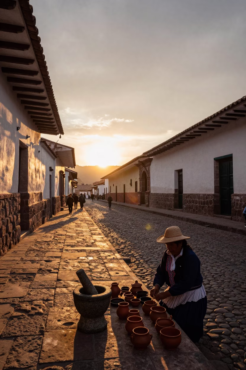 Cusco Peru Sunset Street Scene with Mortar and Pestle and Local Market Atmosphere in in Cusco, Peru