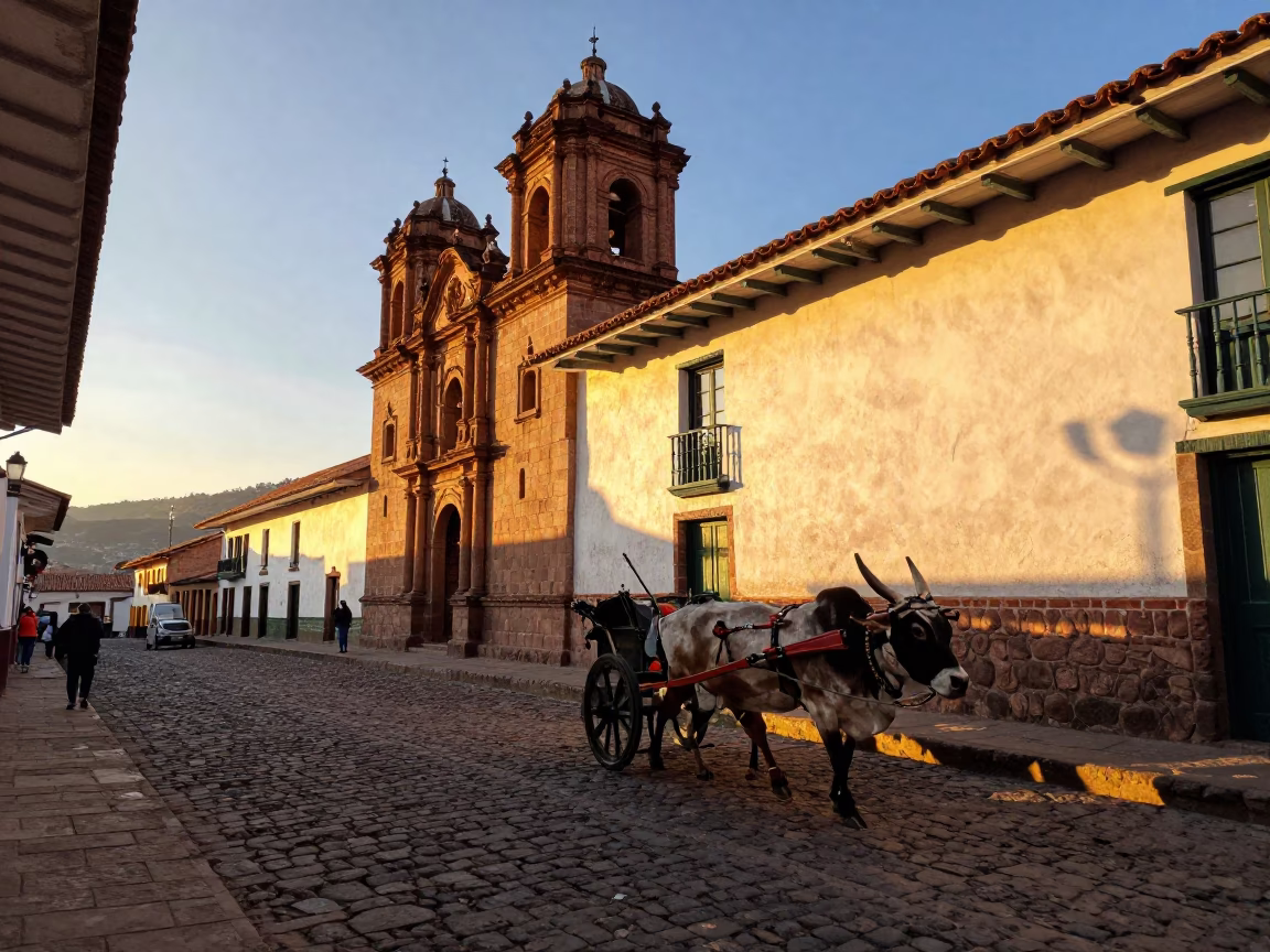 Cusco Peru Sunset Street Scene with Ox Cart and Colonial Architecture in in Cusco, Peru