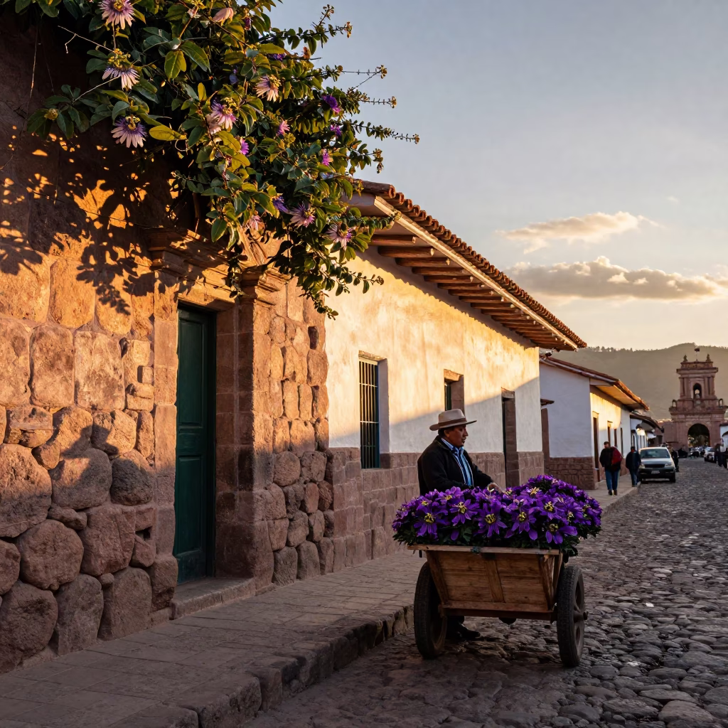 Cusco Peru Sunset Street Scene with Passion Flower and Traditional Market Stalls in in Cusco, Peru