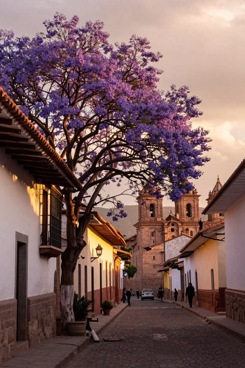 Cusco Peru Sunset Street Scene With Purple Jacaranda Blooms And Colonial Architecture in in Cusco, Peru