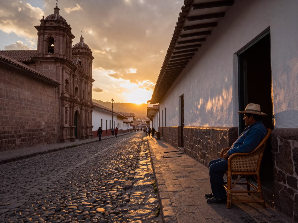 Cusco Peru Sunset Street Scene with Rattan Chair and Local Market Vendor in in Cusco, Peru