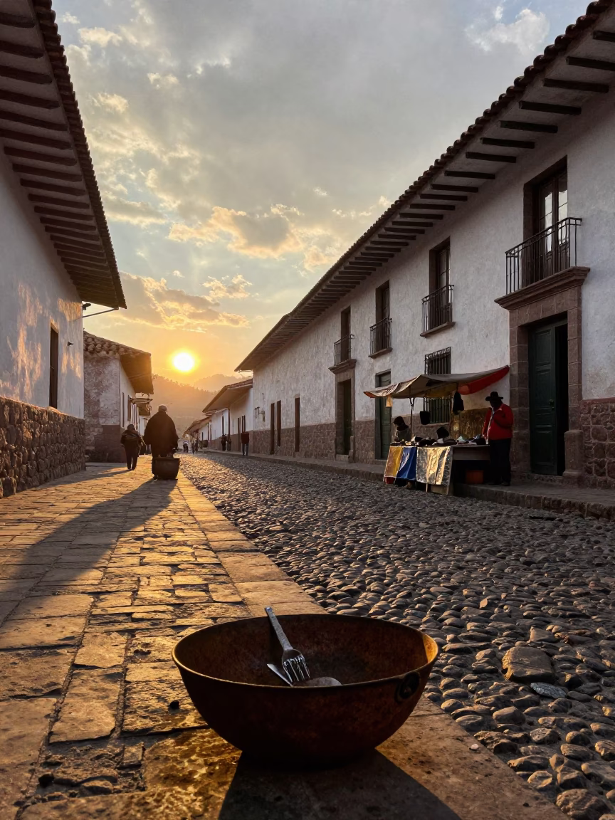 Cusco Peru Sunset Street Scene with Rusty Metal Bowl and Local Vendor in in Cusco, Peru