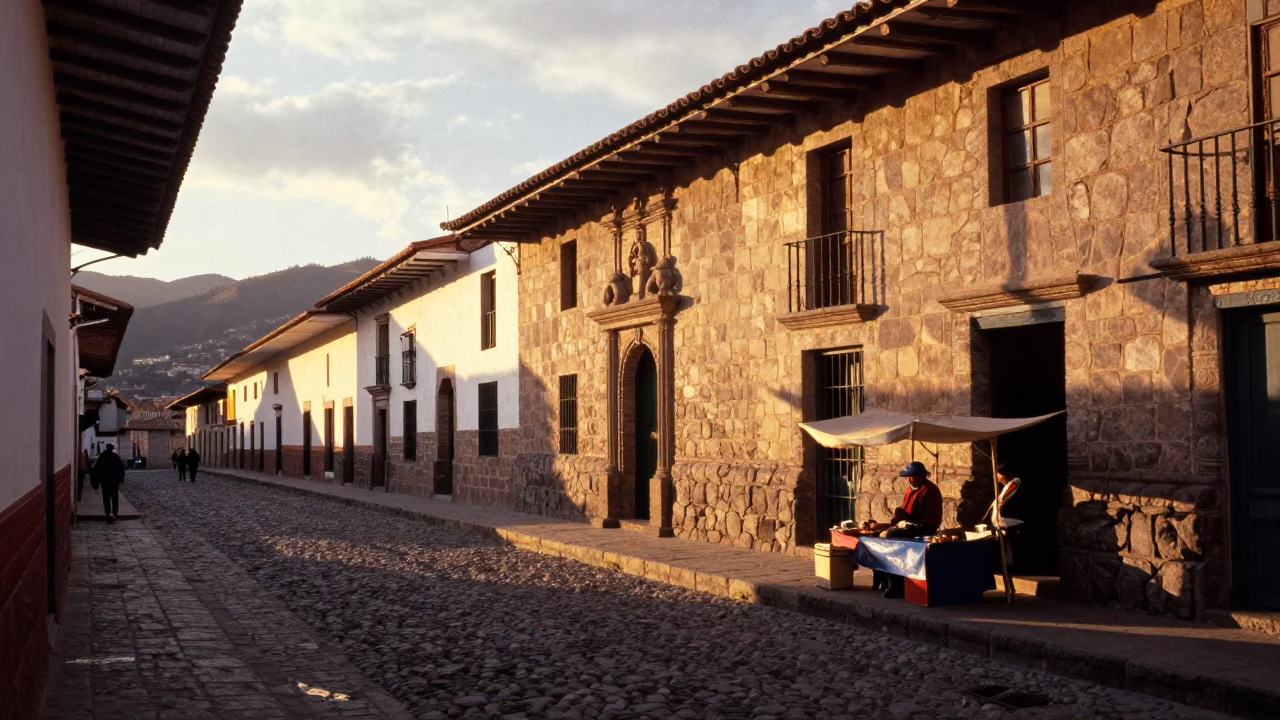 Cusco Peru Sunset Street Scene with Stone Architecture and Local Vendor in in Cusco, Peru