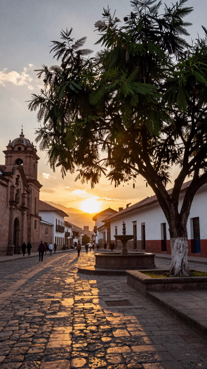 Cusco Peru Sunset Street Scene with Tamarind Tree and Local Vendor in in Cusco, Peru