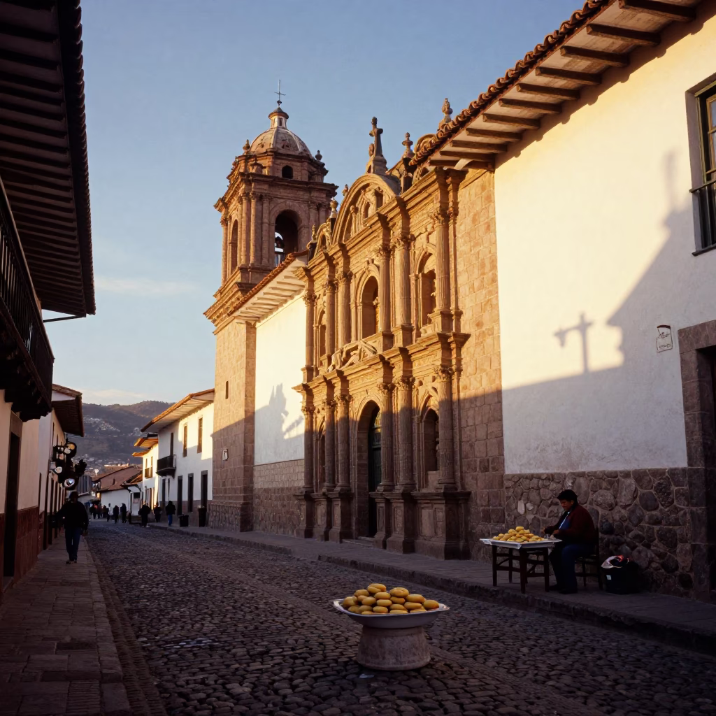 Cusco Peru Sunset Street Scene with Traditional Alfajores and Stone Architecture in in Cusco, Peru