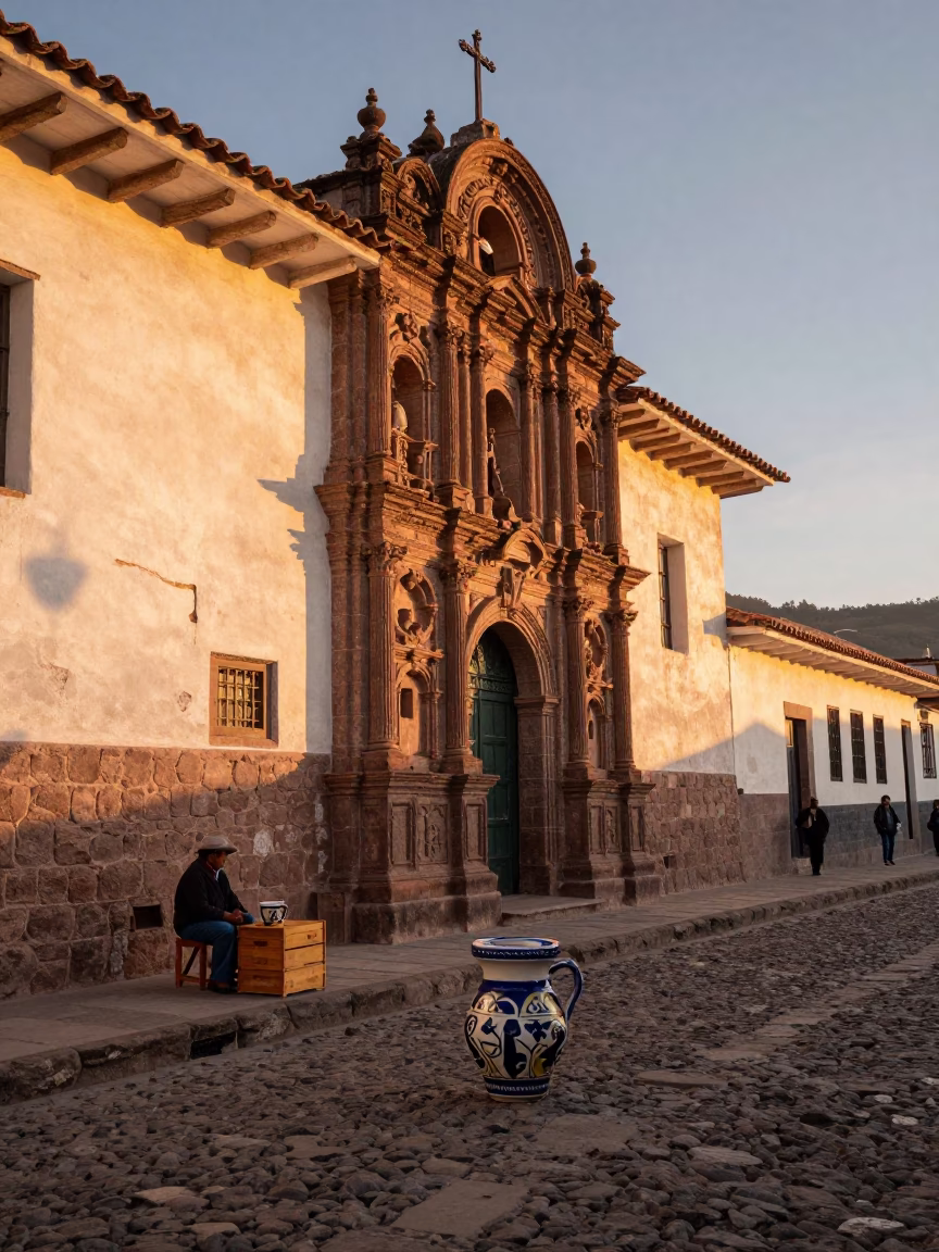 Cusco Peru Sunset Street Scene with Traditional Ceramic Cup and Local Market Activity in in Cusco, Peru
