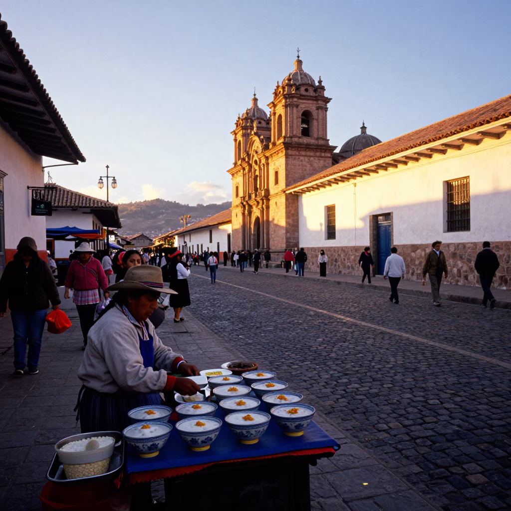 Cusco Peru Sunset Street Scene with Traditional Food Vendor and Andean Architecture in in Cusco, Peru