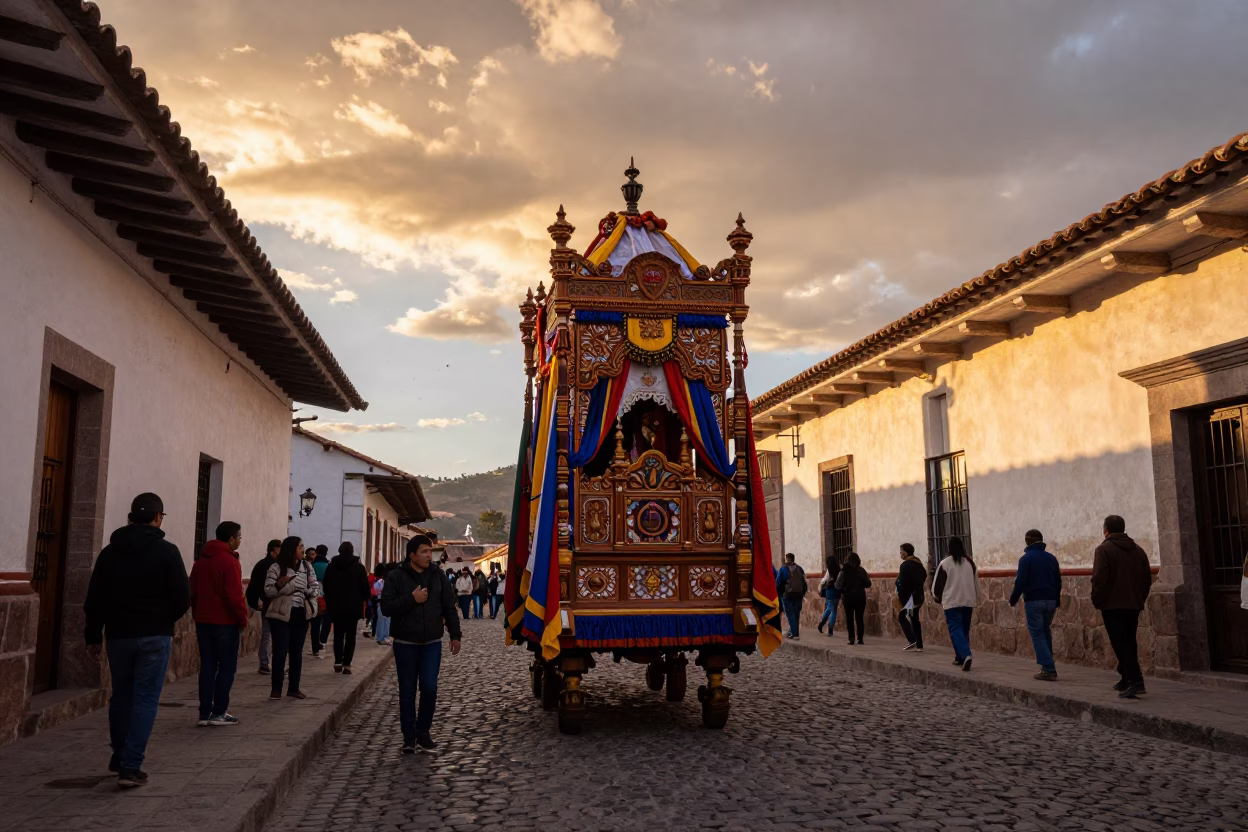 Cusco Peru Sunset Street Scene with Traditional Processional Float and Cobblestone Alley in in Cusco, Peru