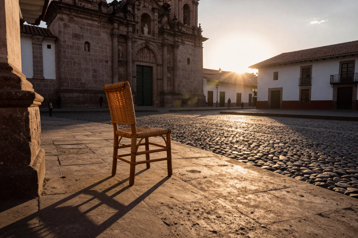 Cusco Peru Sunset Street Scene with Wicker Chair Shadow and Metal Bucket in in Cusco, Peru