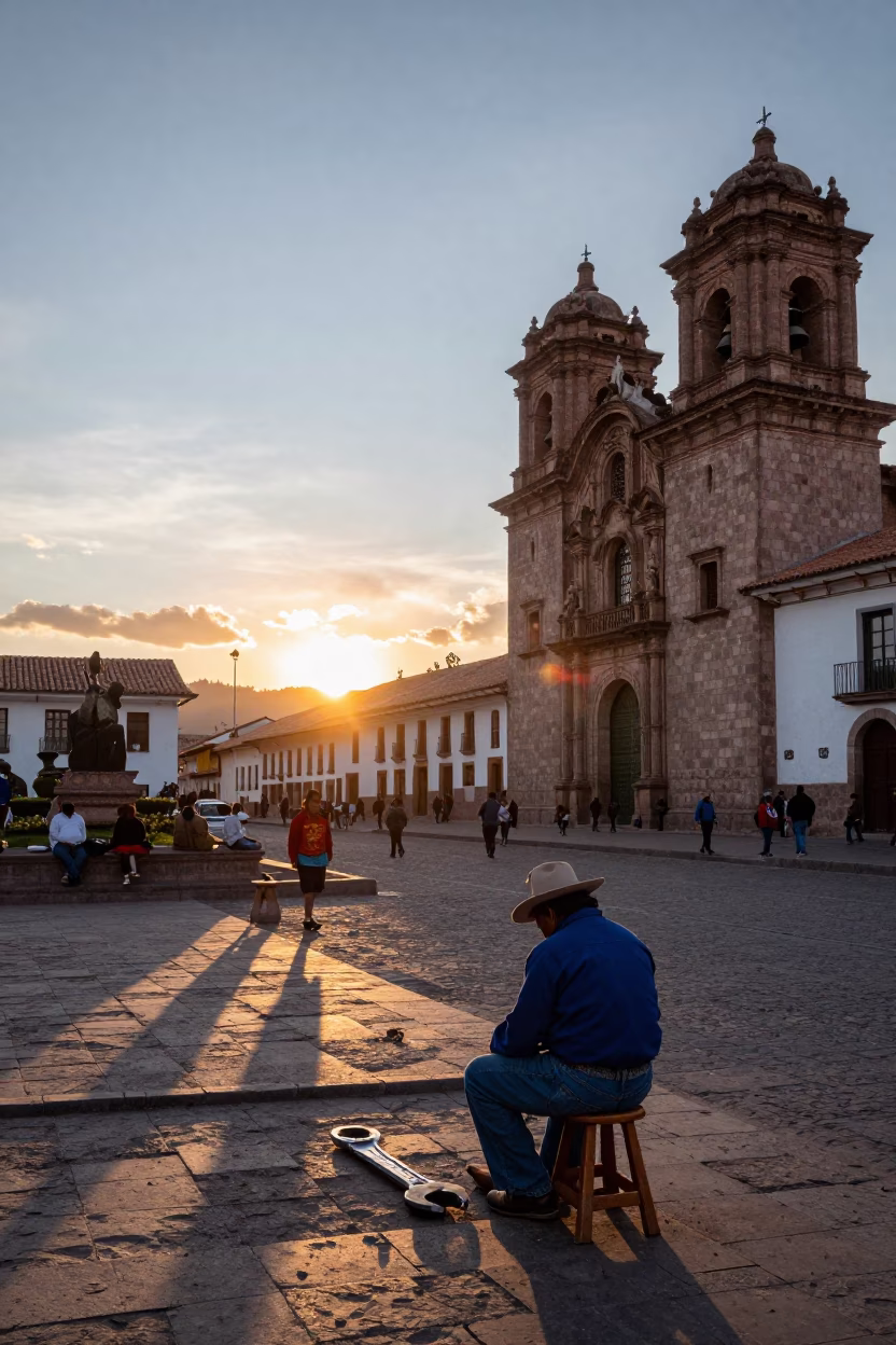 Cusco Peru Sunset Street Scene with Wrench and Traditional Architecture in in Cusco, Peru