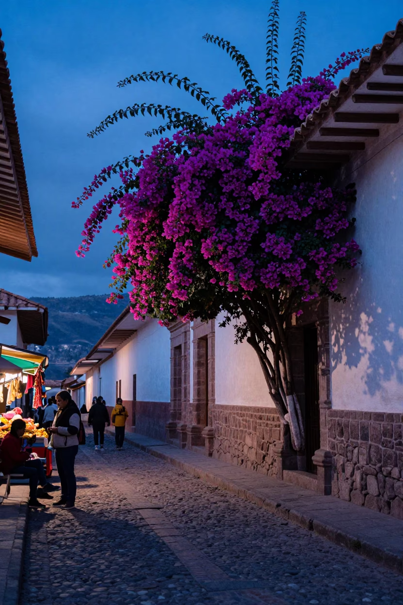 Cusco Peru Twilight Street Scene with Bougainvillea and Local Market Activity in in Cusco, Peru