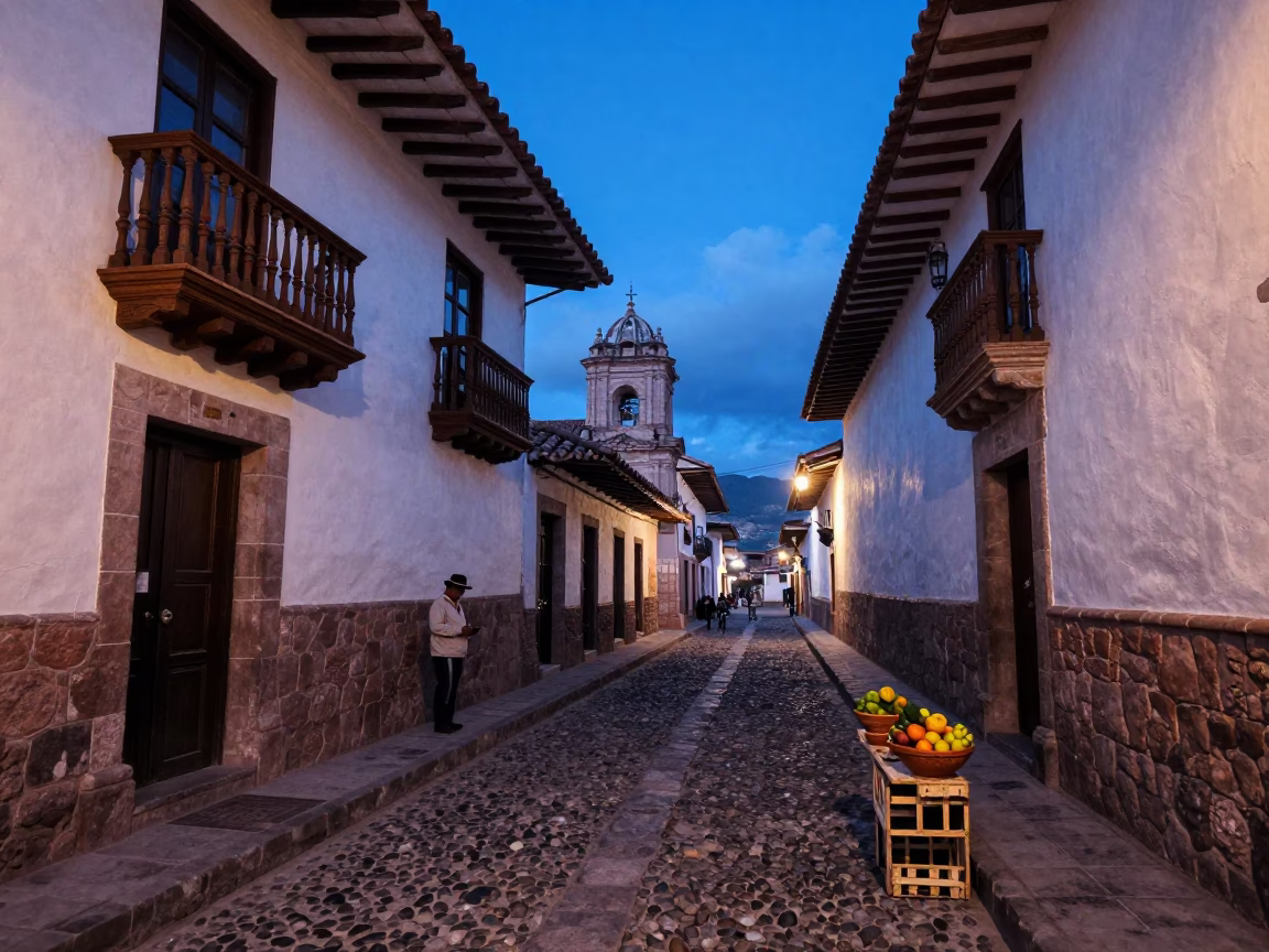 Cusco Peru twilight street scene with colonial architecture and terracotta bowls in in Cusco, Peru