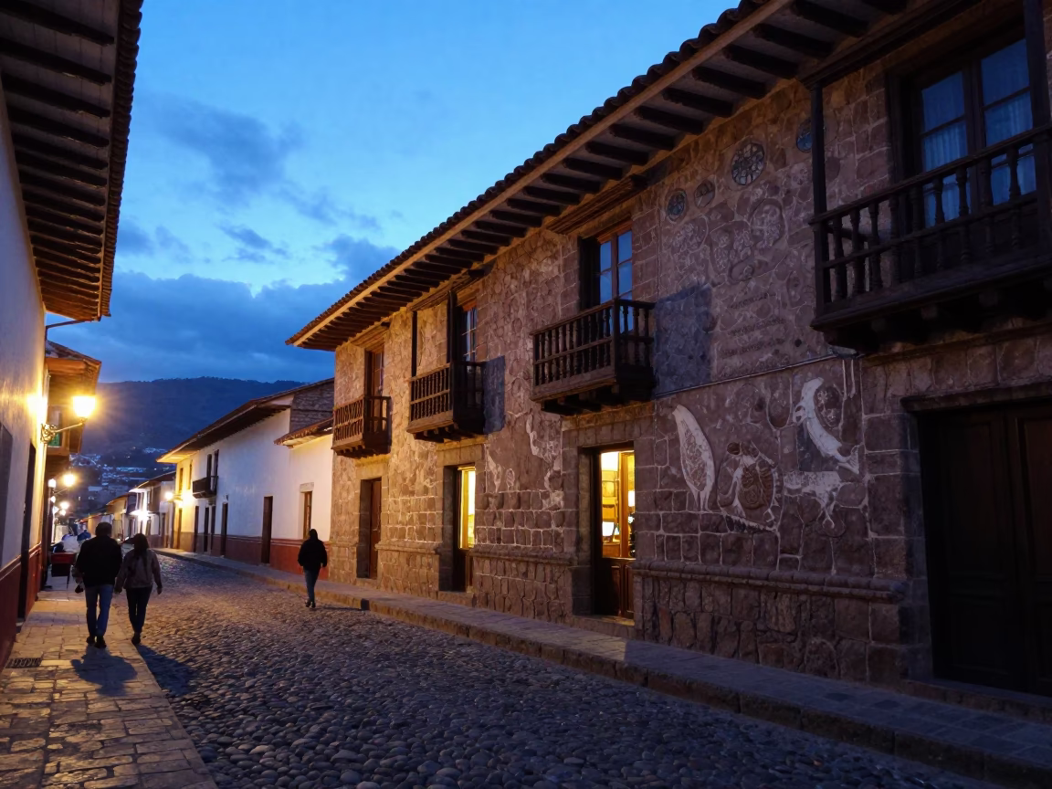 Cusco Peru Twilight Street Scene with Colonial Stone Architecture and Local Activity in in Cusco, Peru