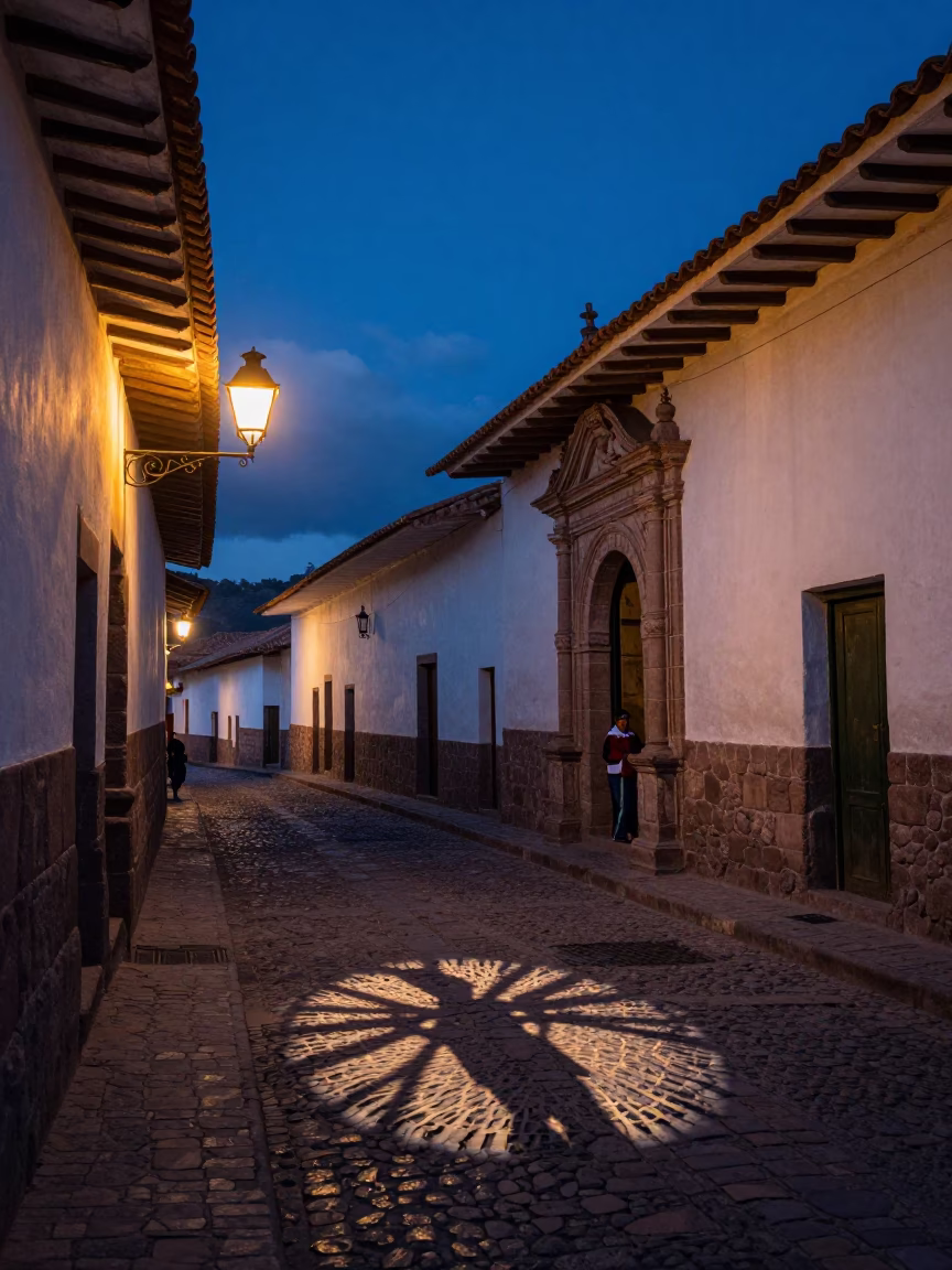 Cusco Peru Twilight Street Scene With Lantern And Wicker Shadow in in Cusco, Peru