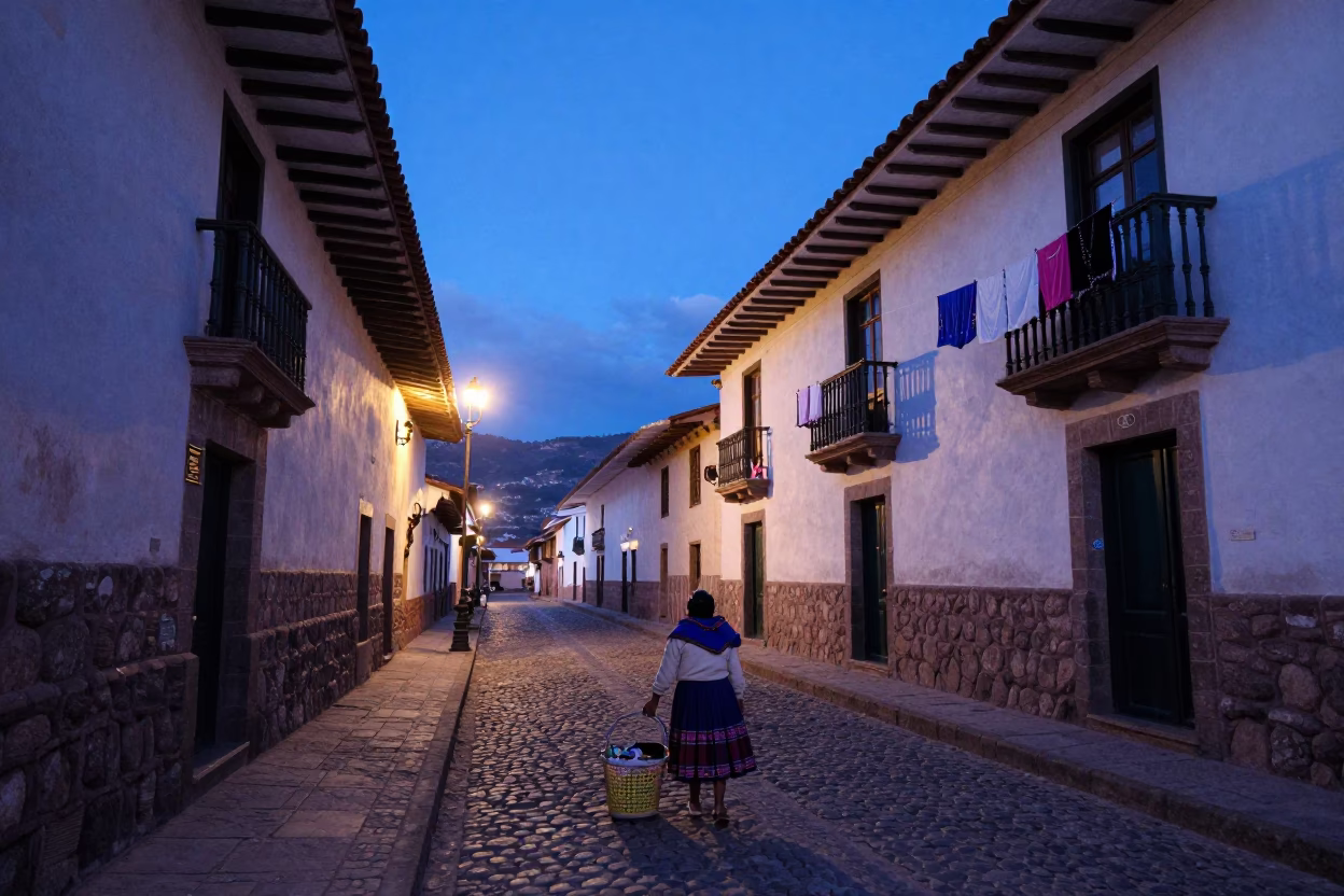 Cusco Peru Twilight Street Scene with Laundry Basket and Local Interaction in in Cusco, Peru