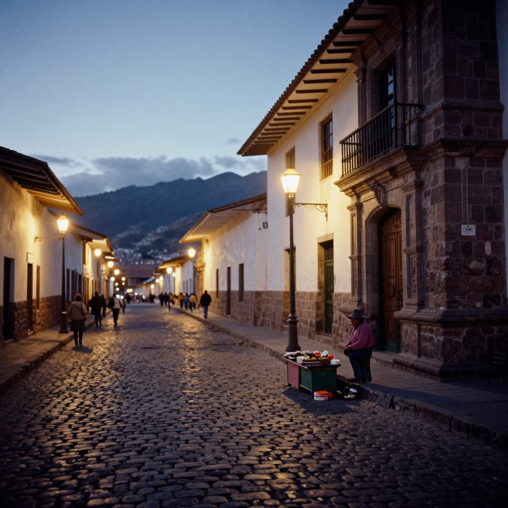 Cusco Peru Twilight Street Scene With Local Vendor And Traditional Pottery in in Cusco, Peru