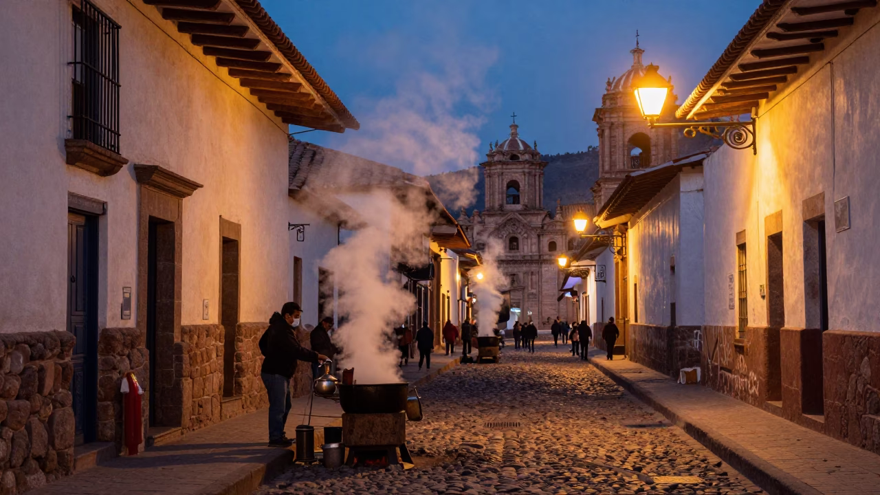 Cusco Peru Twilight Street Scene with Steam and Local Activity in in Cusco, Peru