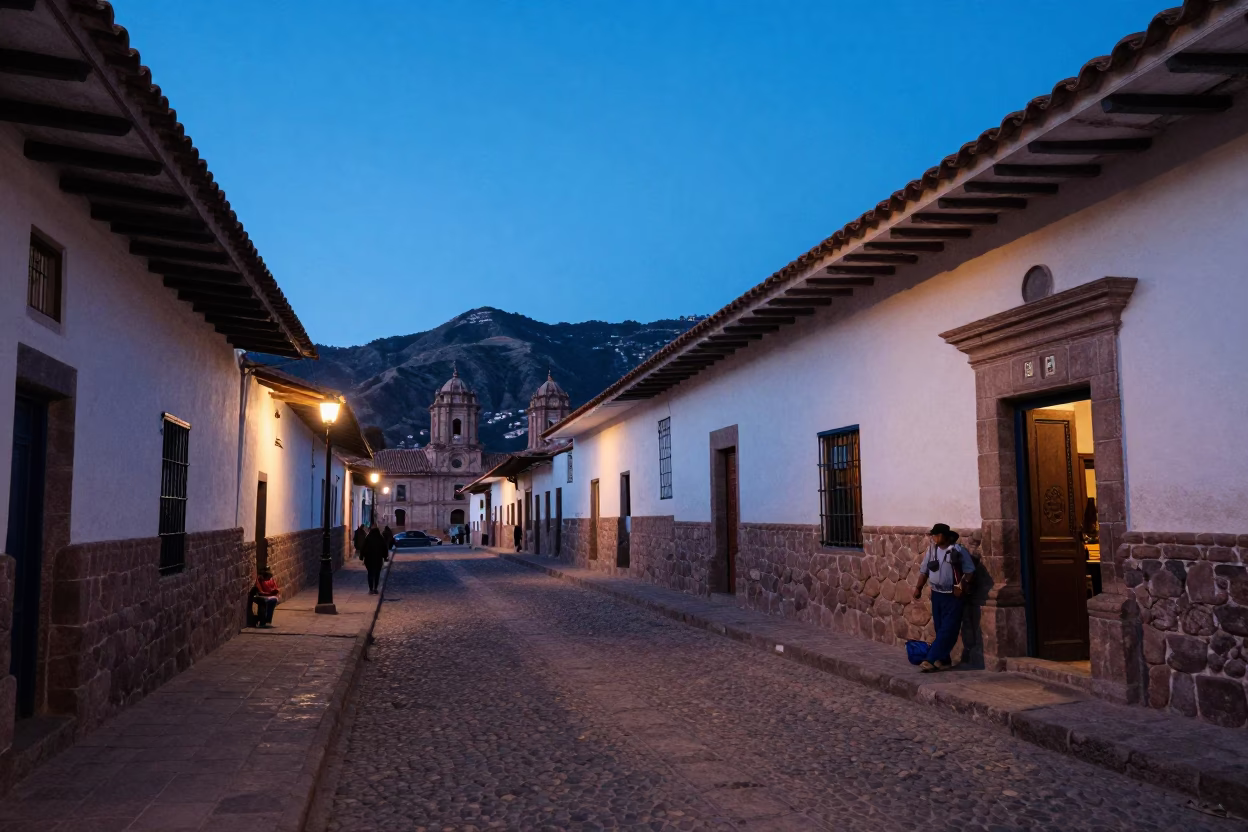 Cusco Peru Twilight Street Scene with Stone Architecture and Local Vendor in in Cusco, Peru
