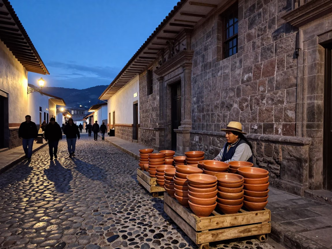 Cusco Peru Twilight Street Scene with Terracotta Bowls and Local Market Life in in Cusco, Peru