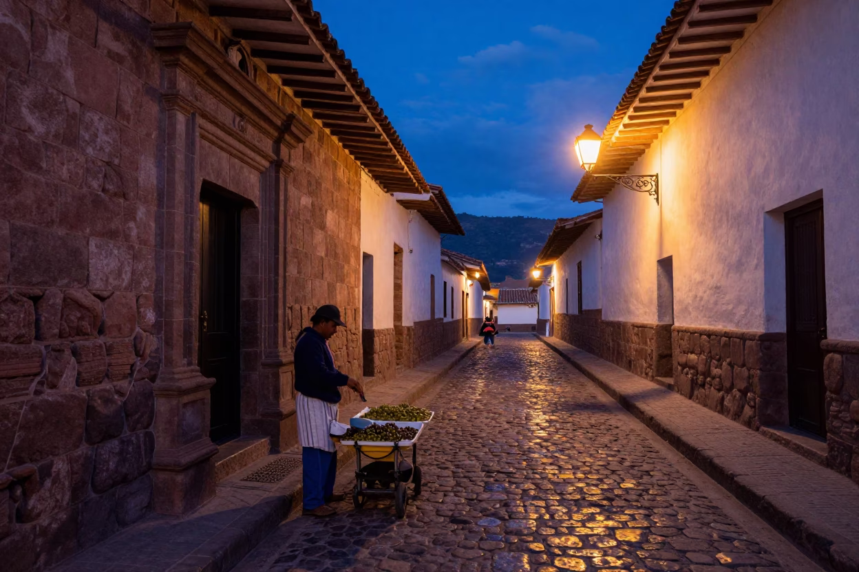 Cusco Peru Twilight Street Scene with Vendor Selling Olives and Tin Containers in in Cusco, Peru