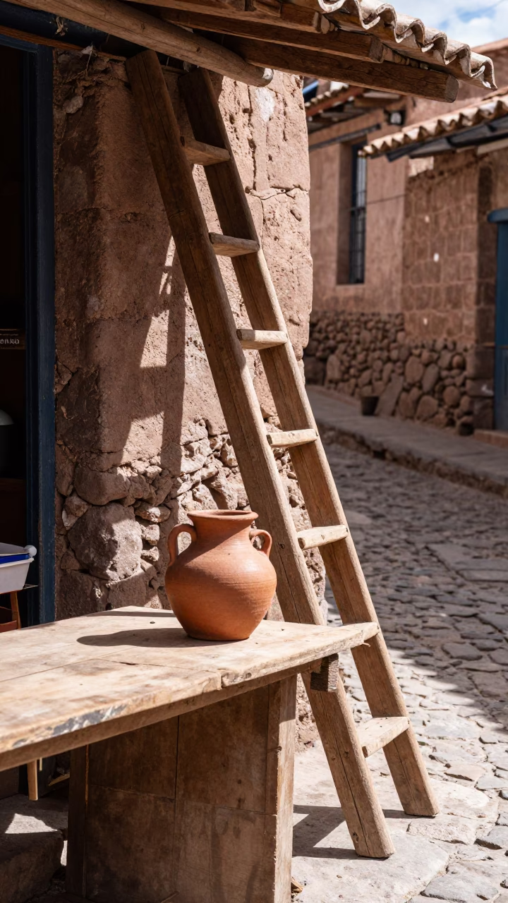 Cusco Peru Winter Noon Market Stall With Wooden Ladder And Salt Cellar in in Cusco, Peru