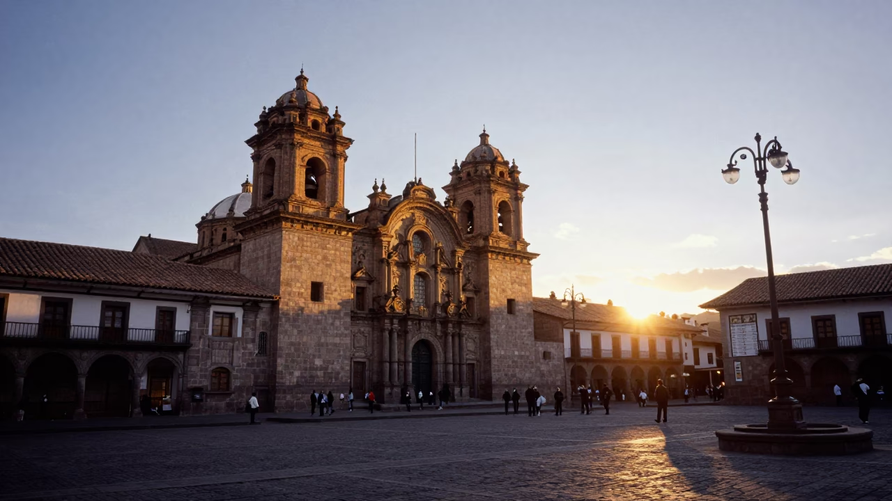 Cusco Plaza De Armas at As The Sun Drops Toward The Horizon in in Cusco, Peru