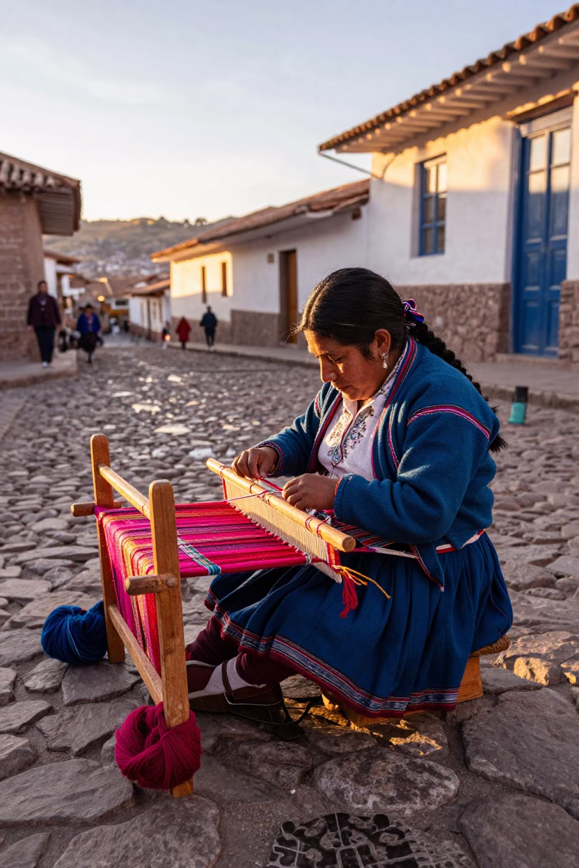 Cusco street artisan weaving wool textiles during golden hour in in Cusco, Peru