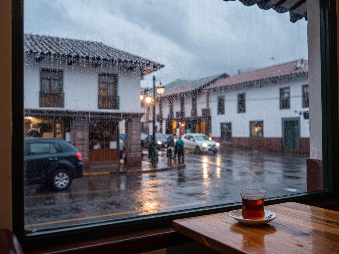 Cusco street corner dusk light rain condensation on glass in in Cusco, Peru