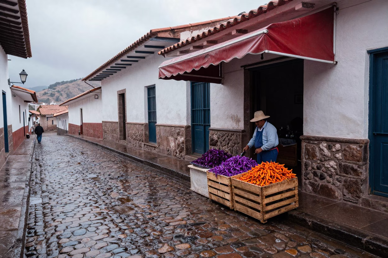 Cusco Street Corner Wet Cobblestones First Light After Rain in in Cusco, Peru