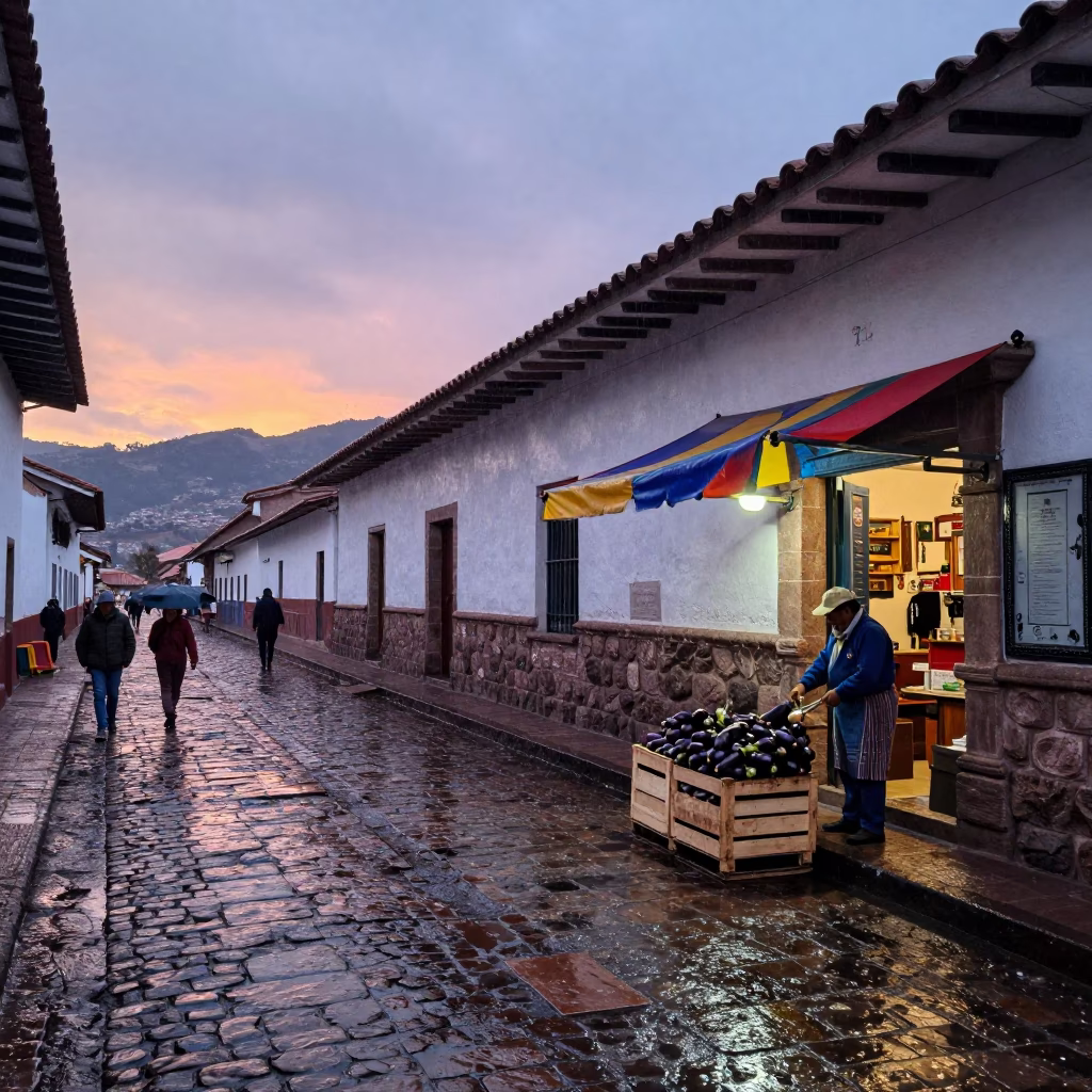 Cusco Street Scene at Dusk with Rain and Local Vendor in in Cusco, Peru