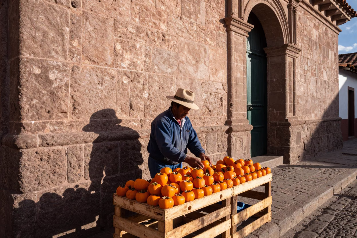 Cusco Street Vendor Arranging Fresh Persimmons on Wooden Crate in in Cusco, Peru