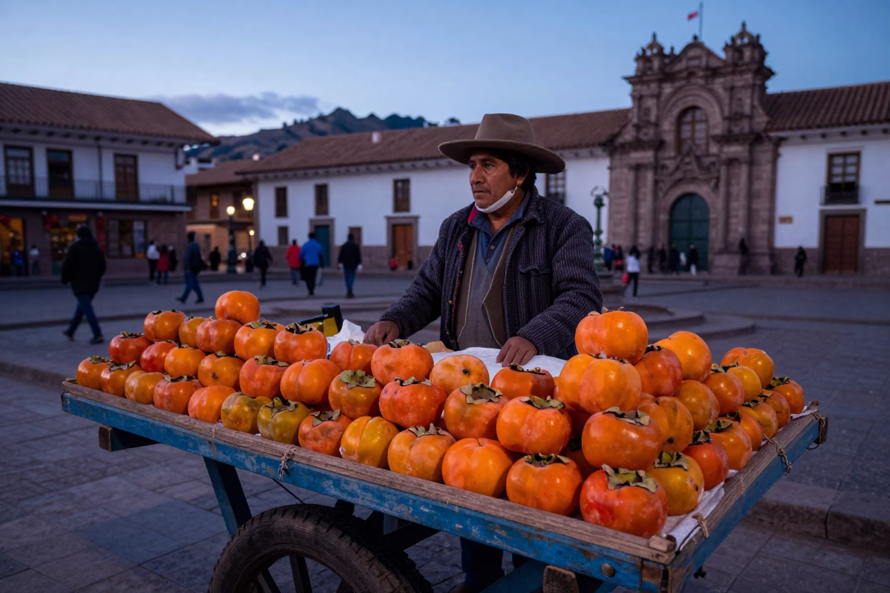 Cusco street vendor selling colorful persimmons at twilight in in Cusco, Peru