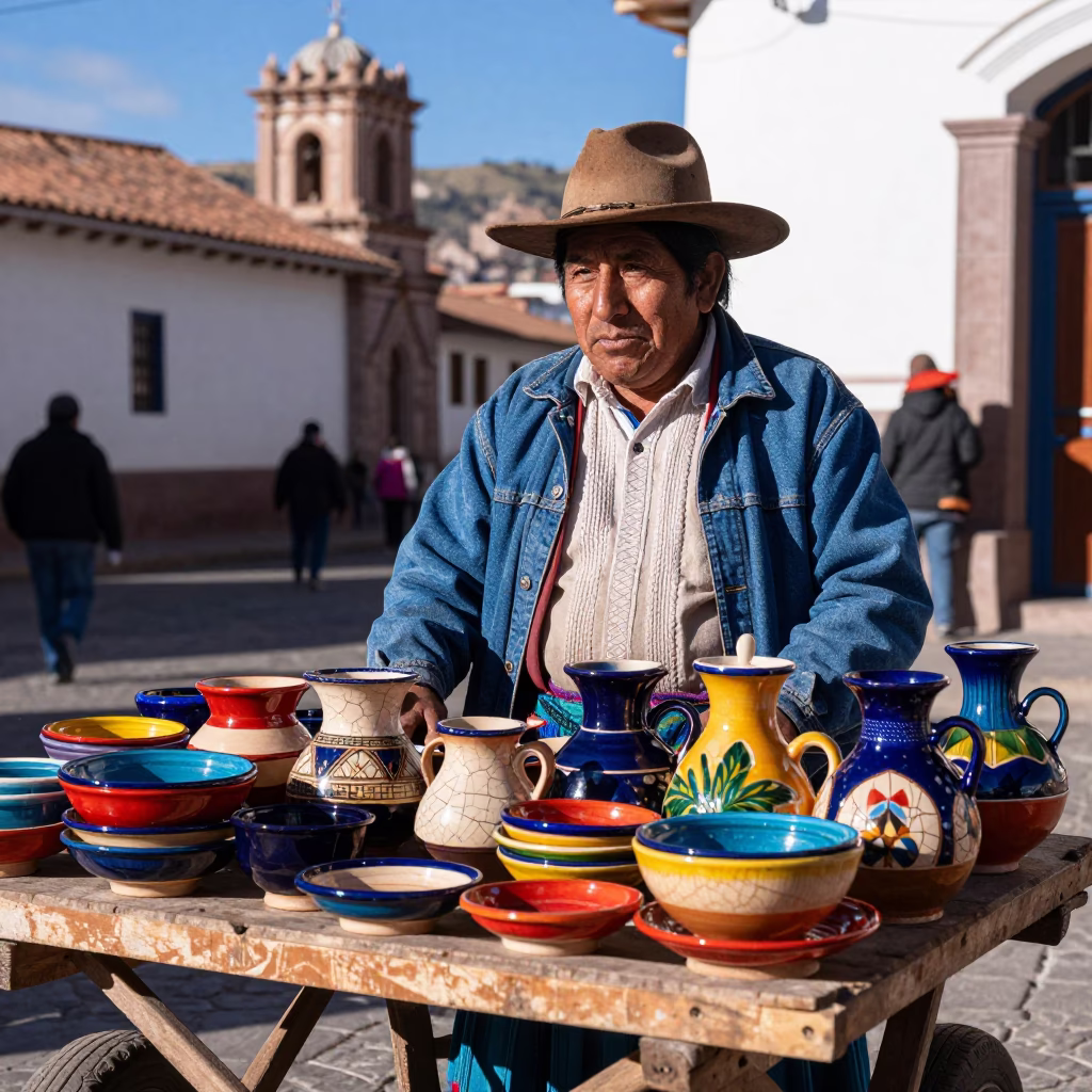 Cusco Street Vendor with Traditional Andean Pottery and Local Tools in in Cusco, Peru