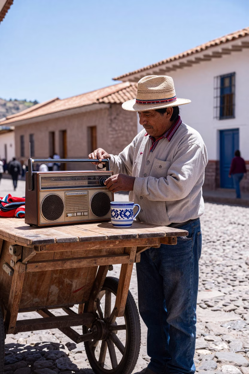 Cusco Street Vendor with Vintage Radio and Ceramic Cup in in Cusco, Peru